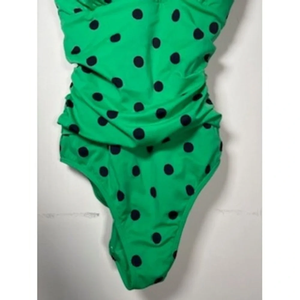 Boden Spot Talamanco Polka Dot One Piece Swimsuit 4 Green Ruched V-Neck Retro